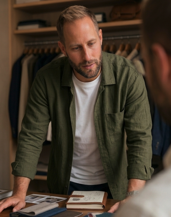 Personal stylist Antonio leaning over a wooden table with fabric swatches, wardrobe visible behind him