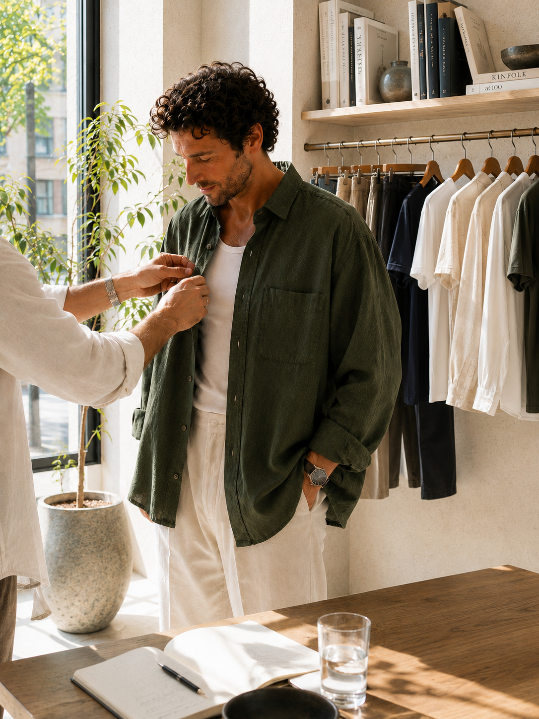 A personal stylist adjusting the collar of a man's green overshirt in a sunlit boutique