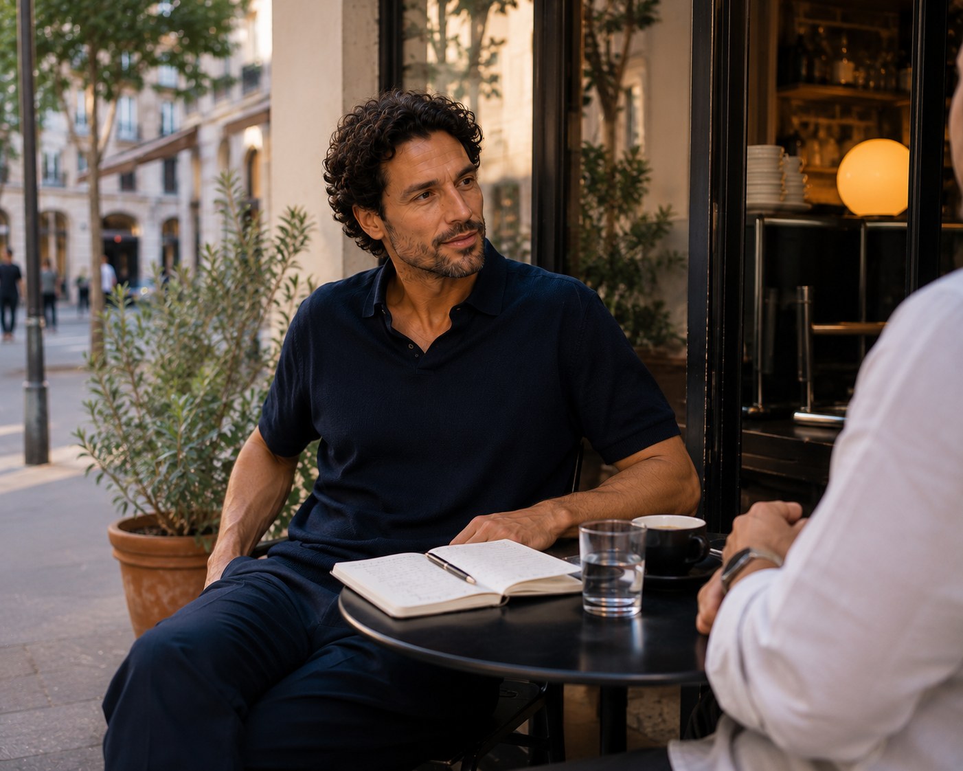 A man in conversation with his personal stylist over coffee at a sunlit café terrace