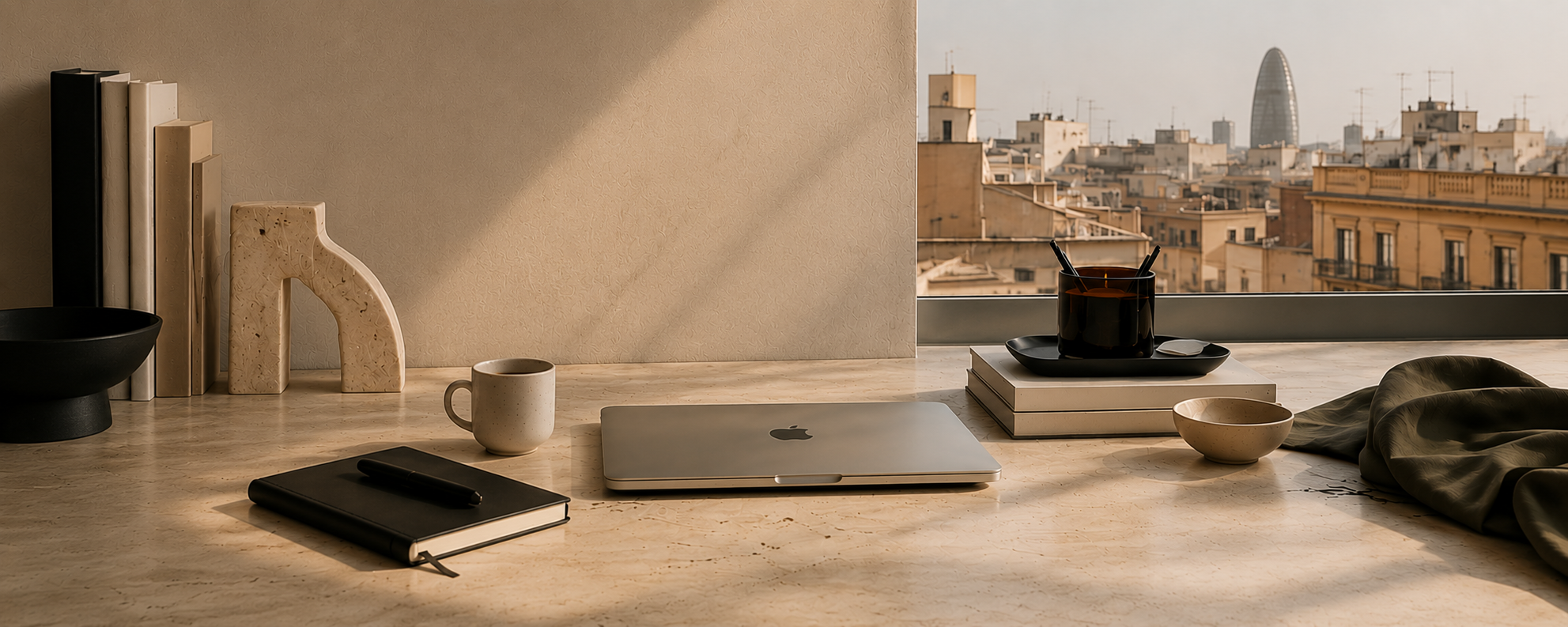 A personal stylist's sunlit Barcelona desk with a rooftop view