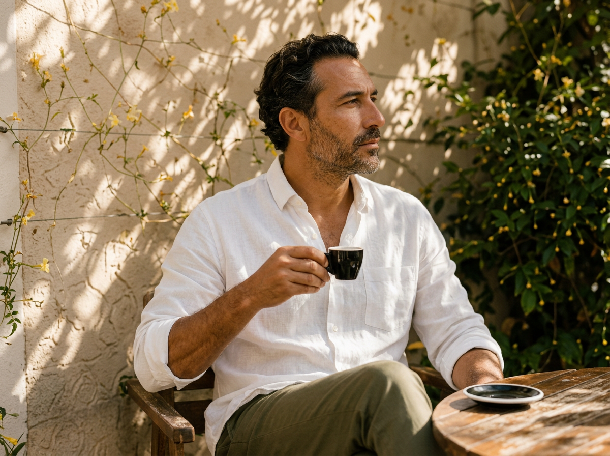 Man in a white linen shirt with an espresso in dappled Mediterranean light