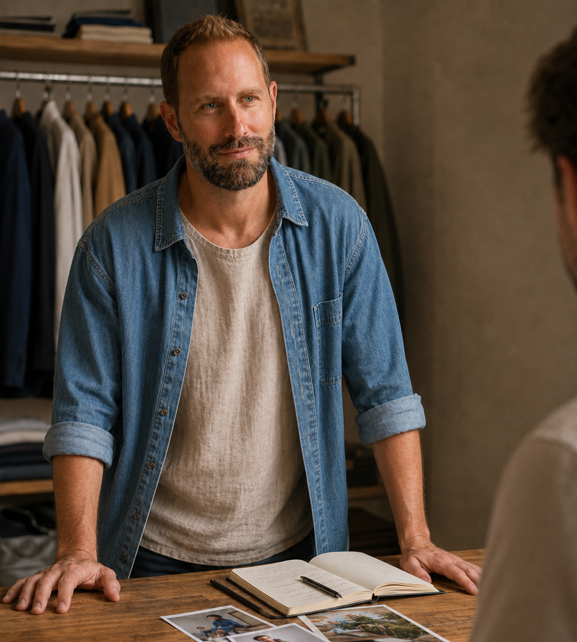 Antonio, a personal stylist for men, standing behind a wooden table in a denim shirt with a wardrobe behind him