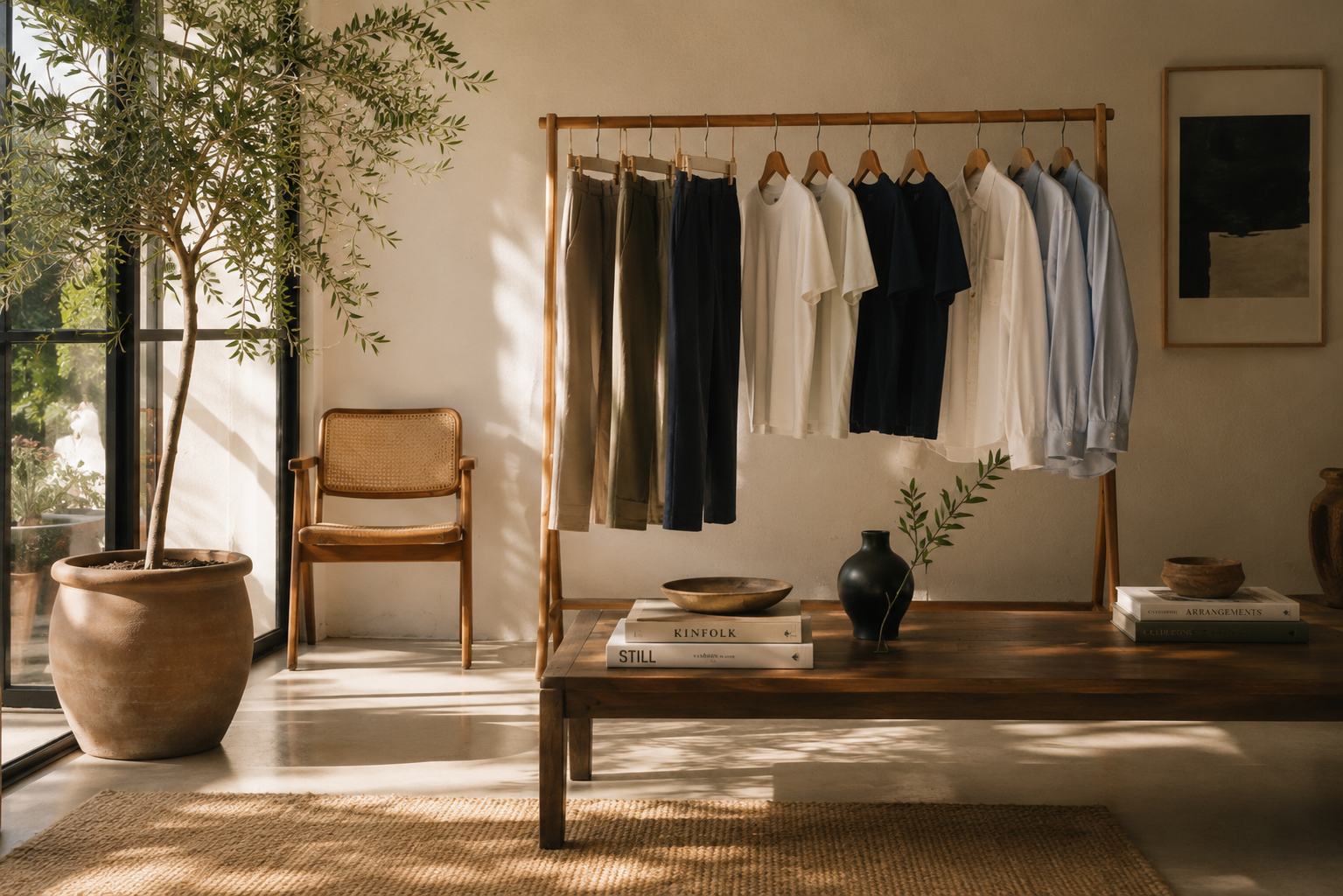 A calm, sunlit dressing room with a rail of linen shirts and tailored trousers