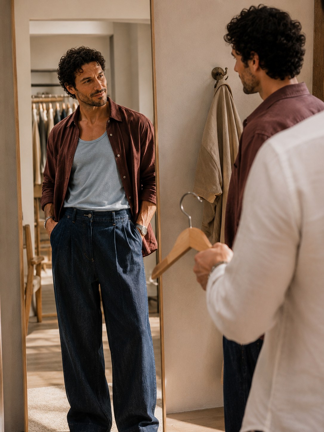 A man checking his outfit in a full-length mirror during a men's personal shopping session in a sunlit boutique