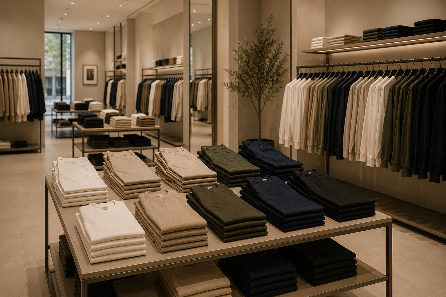 Neatly folded knitwear and trousers in neutral tones on a display table in a menswear store