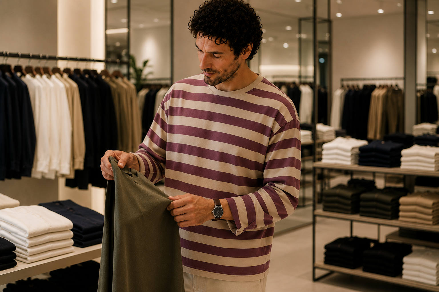 A man considering an olive overshirt while shopping, guided by a personal styling approach