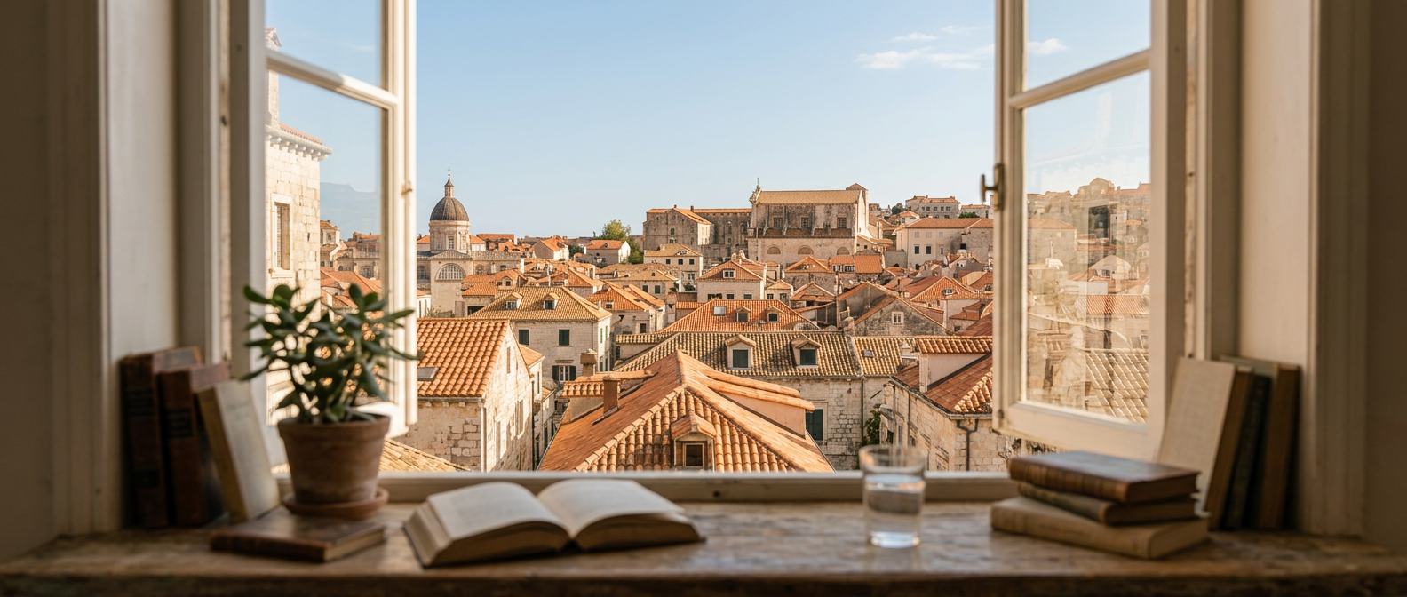 A Mediterranean window view over terracotta rooftops